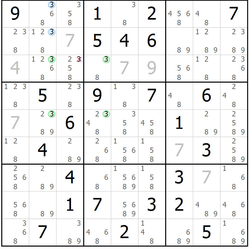 Position des candidats pour la solution de la Gr 73 page 76 du magazine de sudoku Suprême n° 034