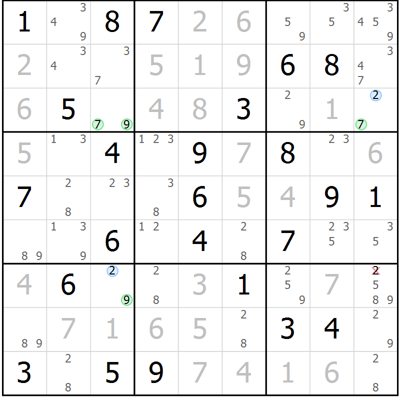 Position des candidats pour la solution de la Gr 74 page 77 du magazine de sudoku Suprême n° 034