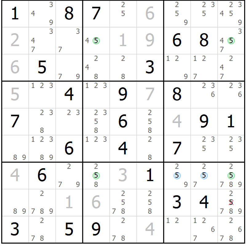 Position des candidats pour la solution de la Gr 74 page 77 du magazine de sudoku Suprême n° 034