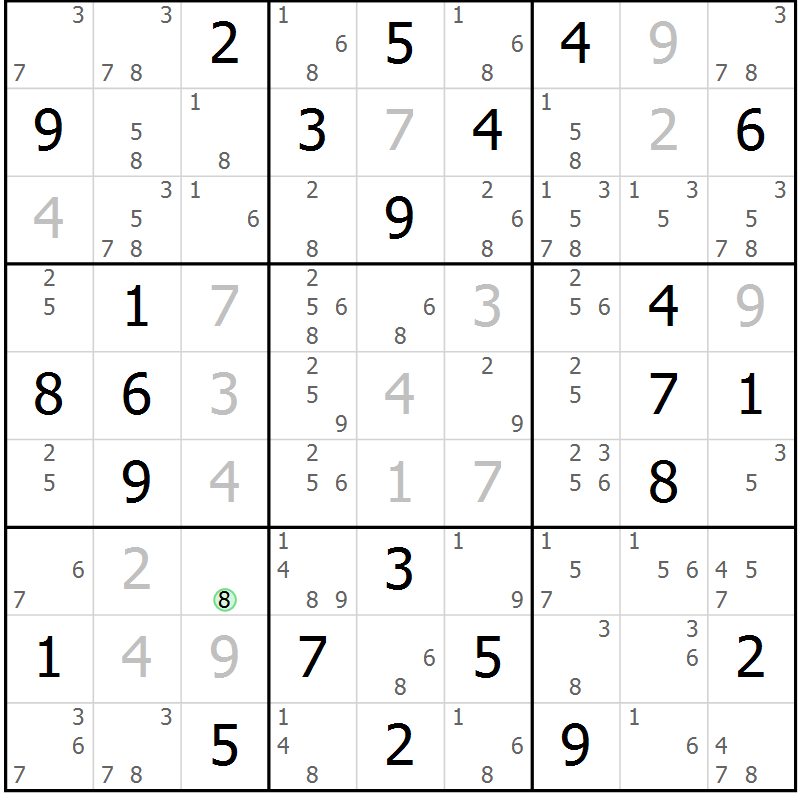 Position des candidats pour la solution de la Gr 75 page 78 du magazine de sudoku Suprême n° 034