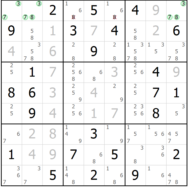 Position des candidats pour la solution de la Gr 75 page 78 du magazine de sudoku Suprême n° 034