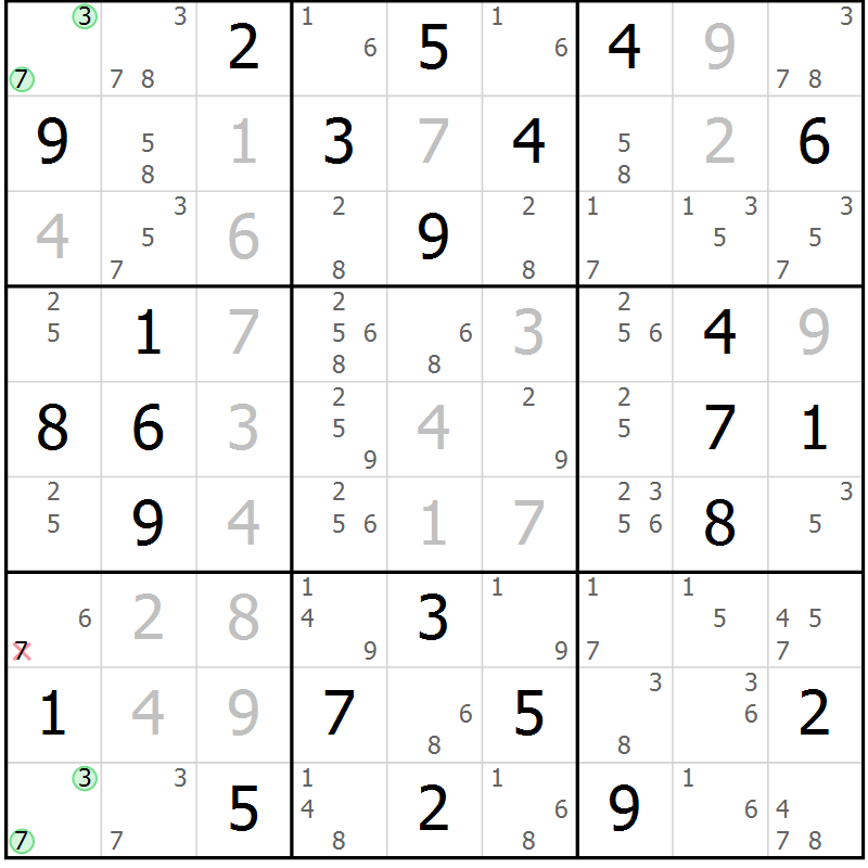 Position des candidats pour la solution de la Gr 75 page 78 du magazine de sudoku Suprême n° 034