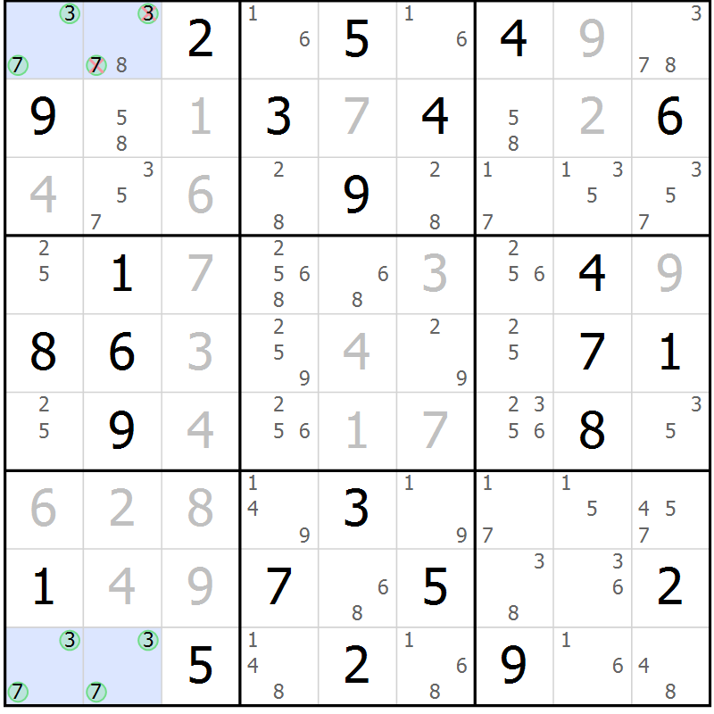 Position des candidats pour la solution de la Gr 75 page 78 du magazine de sudoku Suprême n° 034