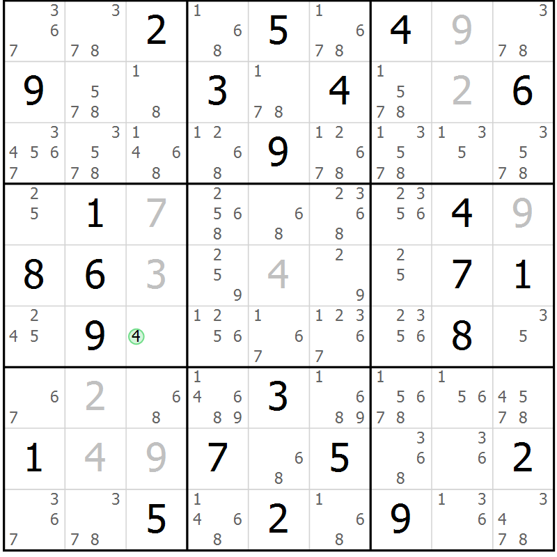Position des candidats pour la solution de la Gr 75 page 78 du magazine de sudoku Suprême n° 034
