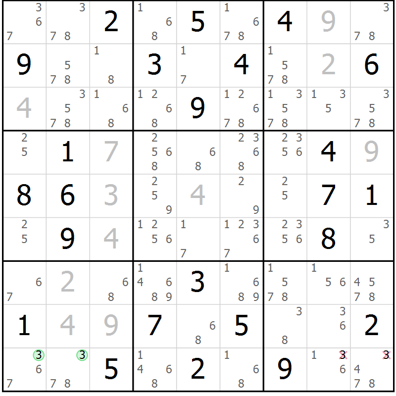 Position des candidats pour la solution de la Gr 75 page 78 du magazine de sudoku Suprême n° 034