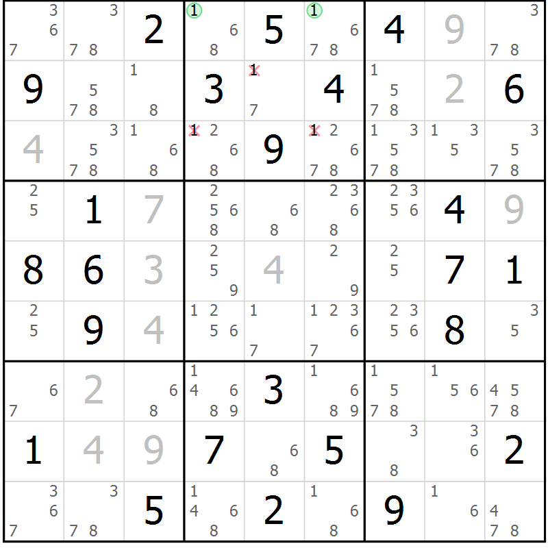Position des candidats pour la solution de la Gr 75 page 78 du magazine de sudoku Suprême n° 034