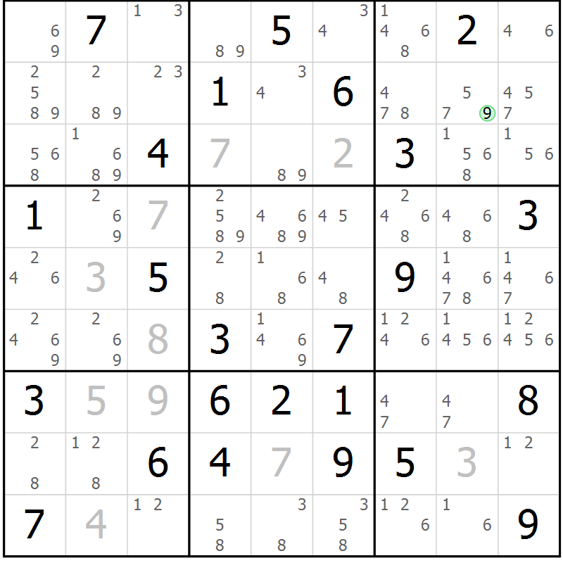 Position des candidats pour la solution de la Gr 77 page 80 du magazine de sudoku Suprême n° 034