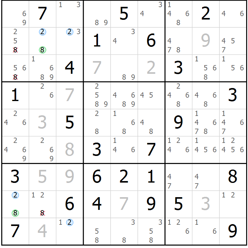 Position des candidats pour la solution de la Gr 77 page 80 du magazine de sudoku Suprême n° 034