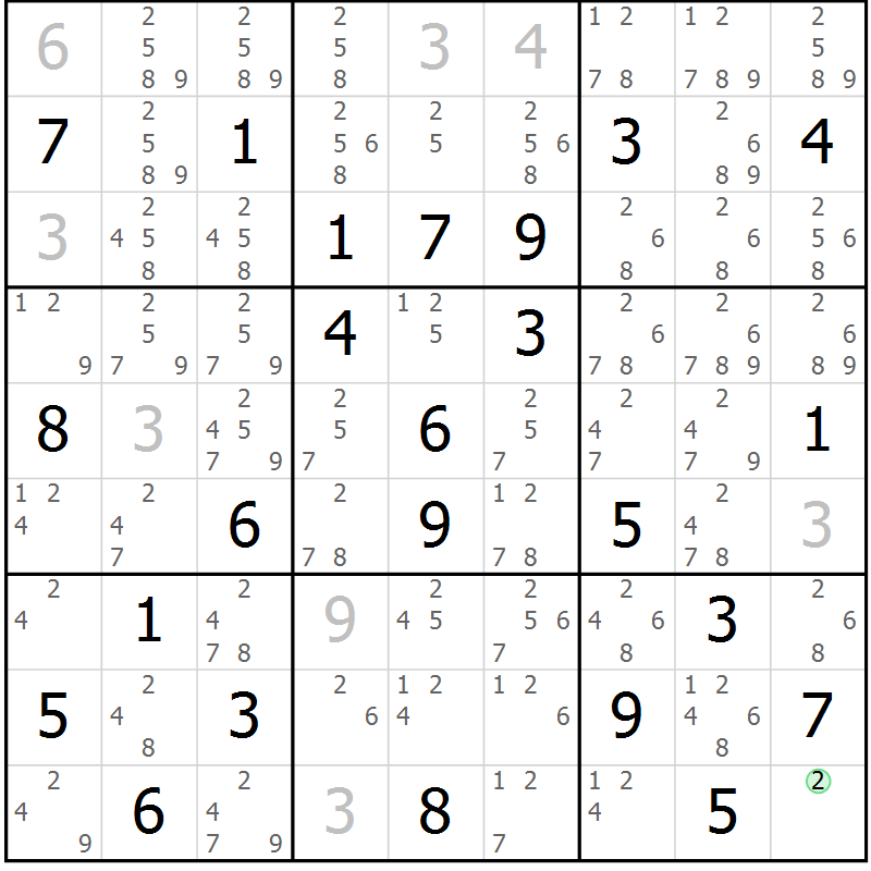 Position des candidats pour la solution de la Gr 79 page 82 du magazine de sudoku Suprême n° 034