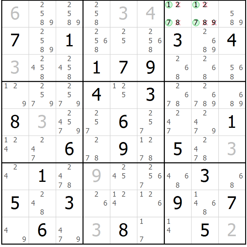 Position des candidats pour la solution de la Gr 79 page 82 du magazine de sudoku Suprême n° 034