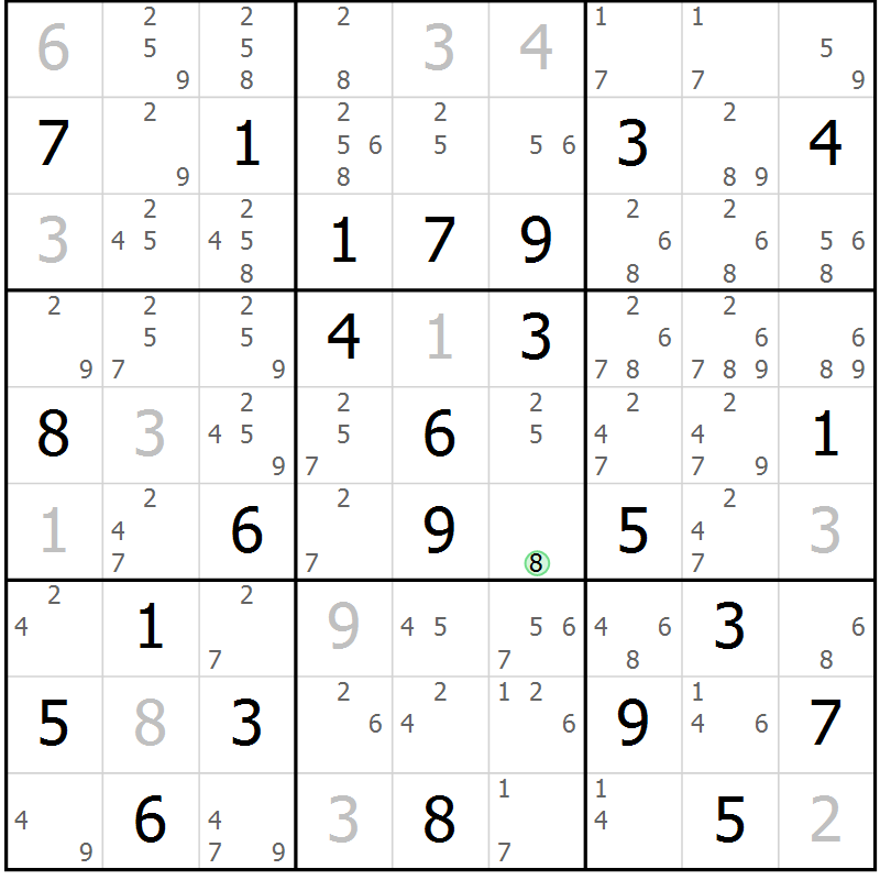 Position des candidats pour la solution de la Gr 79 page 82 du magazine de sudoku Suprême n° 034