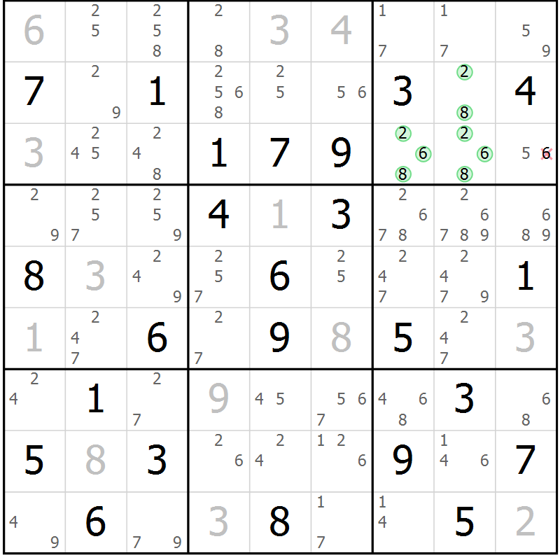 Position des candidats pour la solution de la Gr 79 page 82 du magazine de sudoku Suprême n° 034