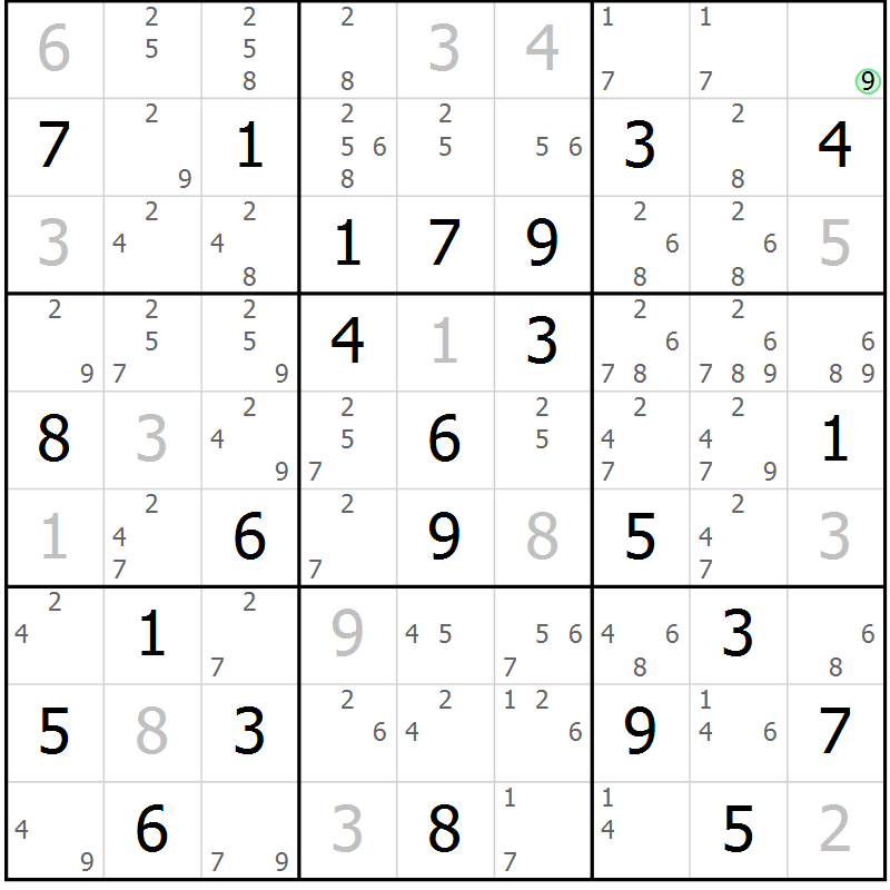 Position des candidats pour la solution de la Gr 79 page 82 du magazine de sudoku Suprême n° 034