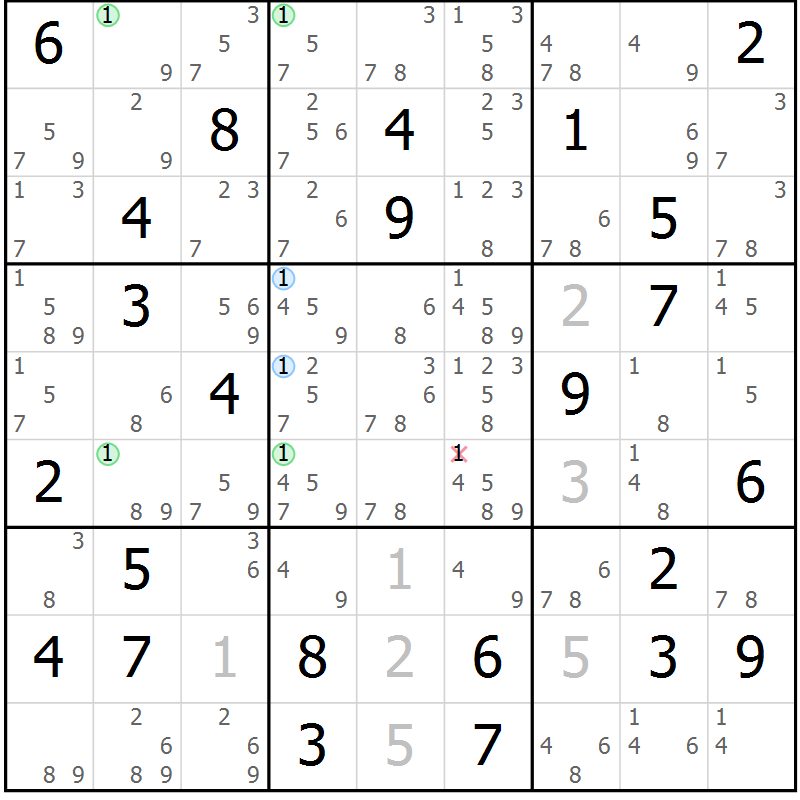 Position des candidats pour la solution de la Gr 80 page 83 du magazine de sudoku Suprême n° 034
