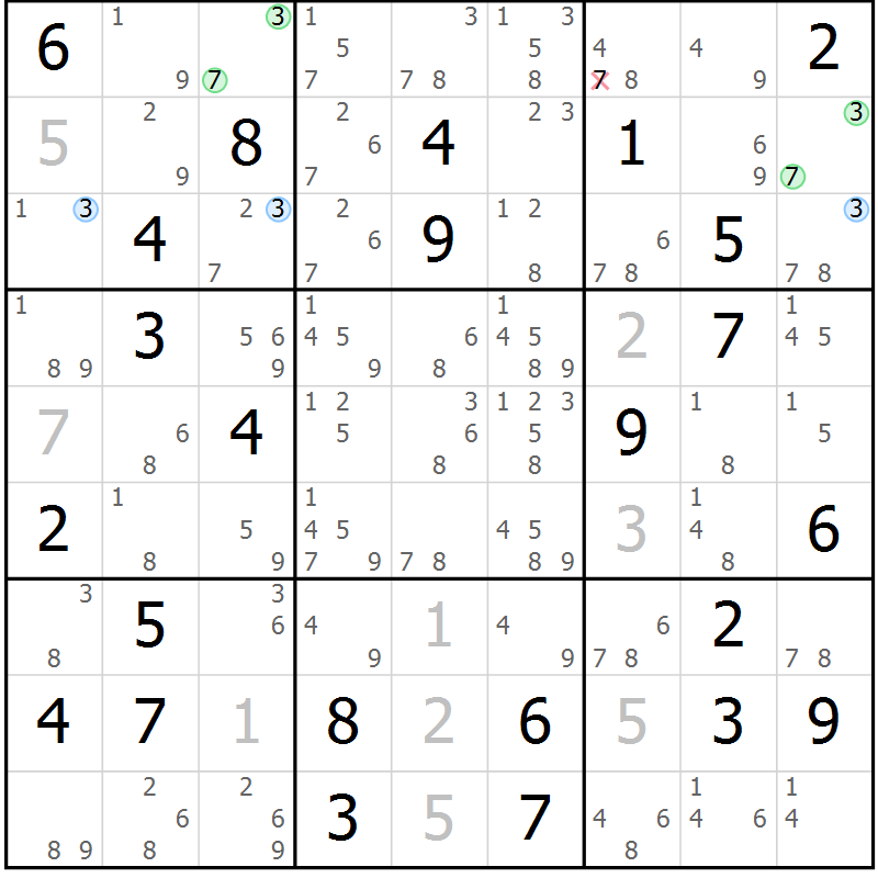 Position des candidats pour la solution de la Gr 80 page 83 du magazine de sudoku Suprême n° 034