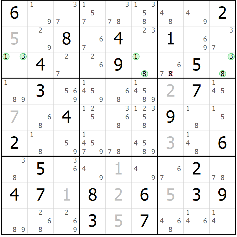 Position des candidats pour la solution de la Gr 80 page 83 du magazine de sudoku Suprême n° 034