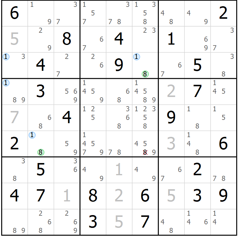 Position des candidats pour la solution de la Gr 80 page 83 du magazine de sudoku Suprême n° 034