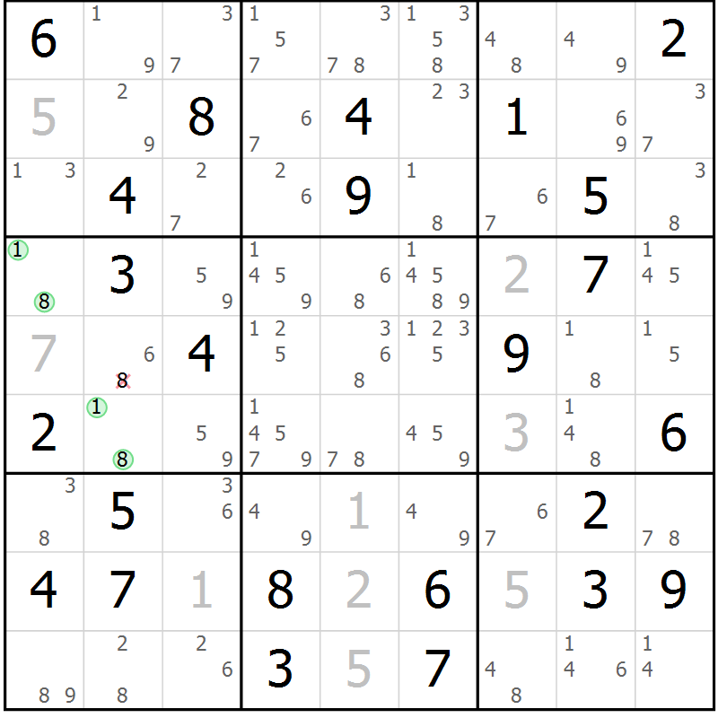 Position des candidats pour la solution de la Gr 80 page 83 du magazine de sudoku Suprême n° 034