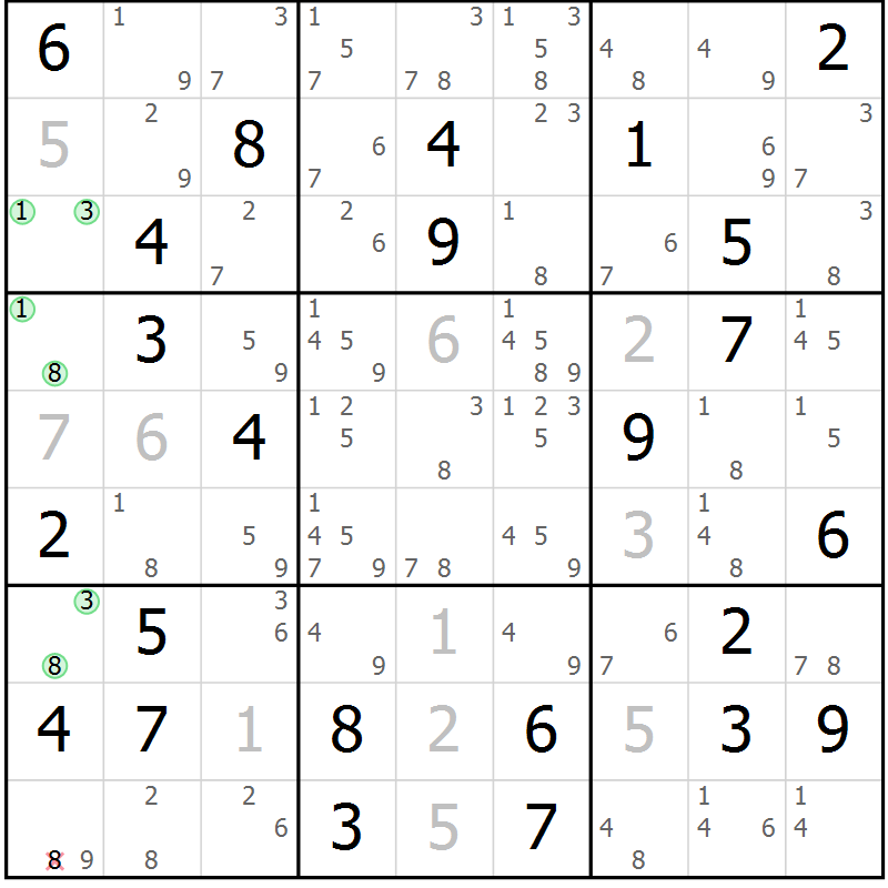 Position des candidats pour la solution de la Gr 80 page 83 du magazine de sudoku Suprême n° 034
