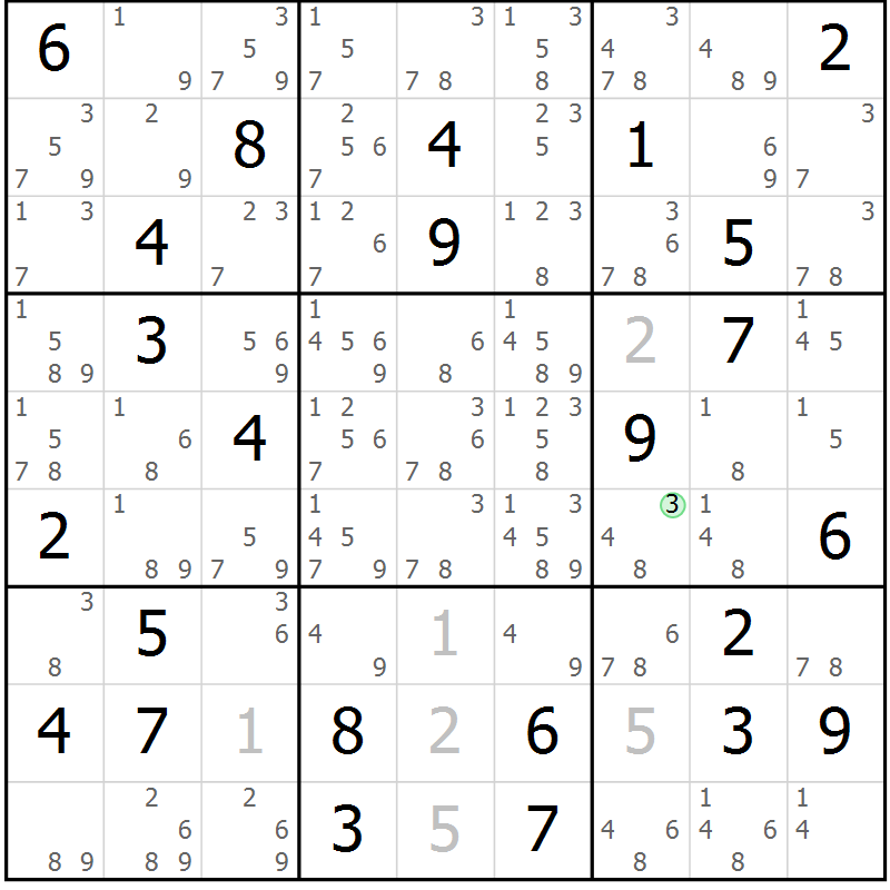 Position des candidats pour la solution de la Gr 80 page 83 du magazine de sudoku Suprême n° 034