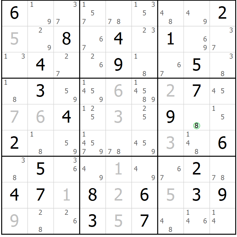 Position des candidats pour la solution de la Gr 80 page 83 du magazine de sudoku Suprême n° 034