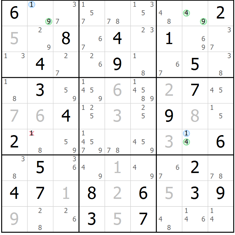 Position des candidats pour la solution de la Gr 80 page 83 du magazine de sudoku Suprême n° 034