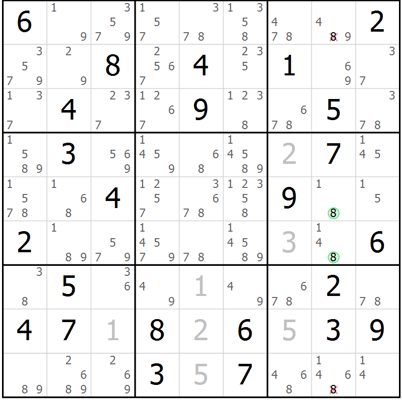 Position des candidats pour la solution de la Gr 80 page 83 du magazine de sudoku Suprême n° 034