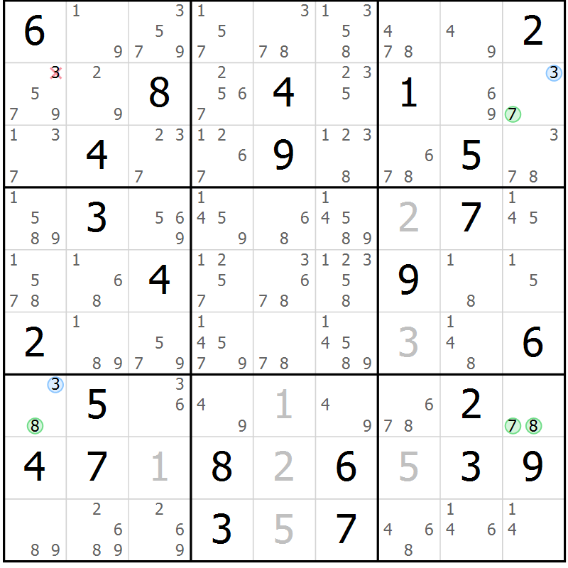 Position des candidats pour la solution de la Gr 80 page 83 du magazine de sudoku Suprême n° 034
