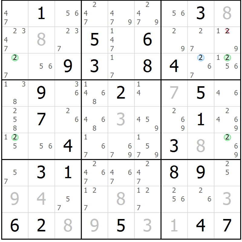 Position des candidats pour la solution de la Gr 81 page 84 du magazine de sudoku Suprême n° 034