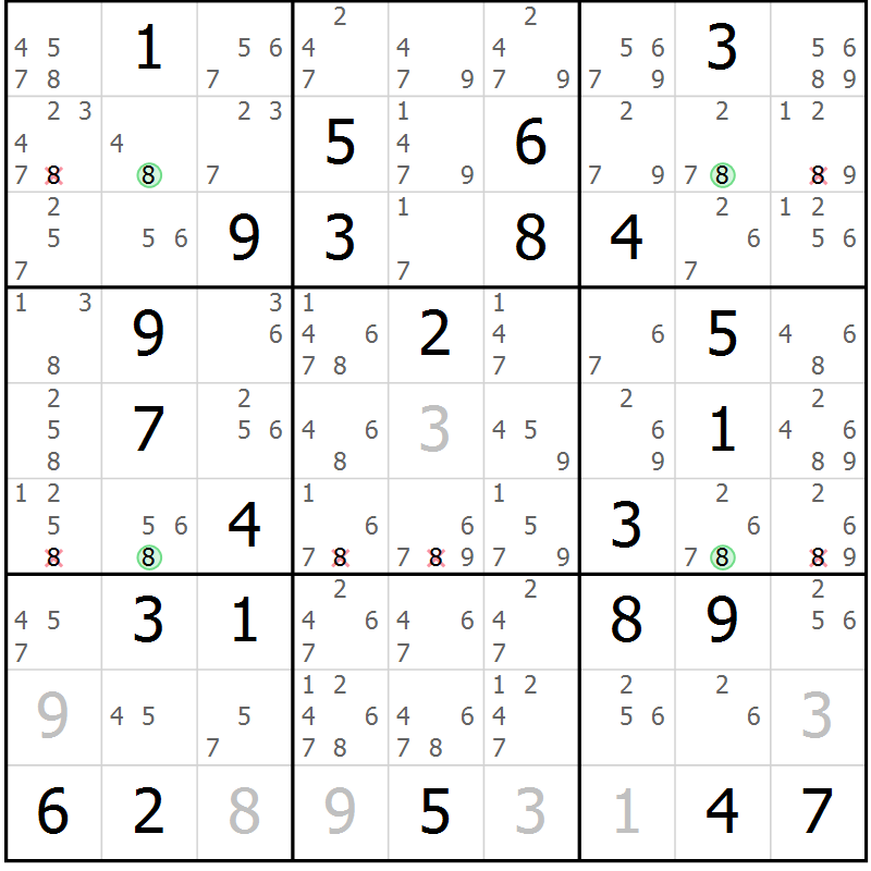 Position des candidats pour la solution de la Gr 81 page 84 du magazine de sudoku Suprême n° 034