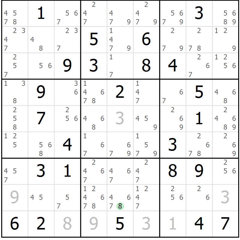 Position des candidats pour la solution de la Gr 81 page 84 du magazine de sudoku Suprême n° 034