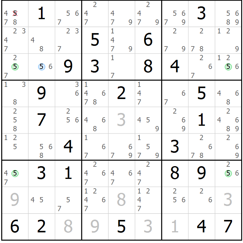 Position des candidats pour la solution de la Gr 81 page 84 du magazine de sudoku Suprême n° 034