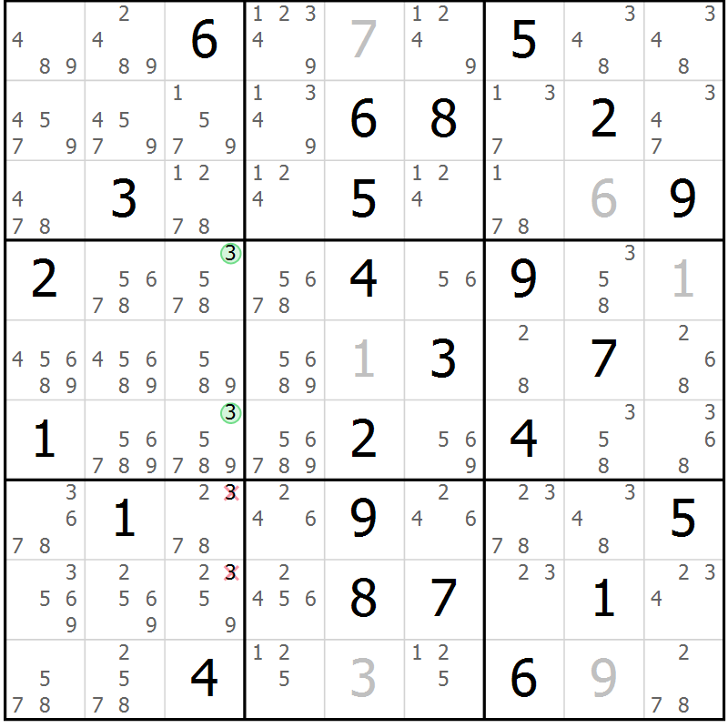 Position des candidats pour la solution de la Gr 82 page 85 du magazine de sudoku Suprême n° 034