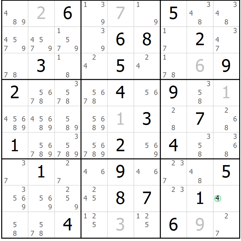 Position des candidats pour la solution de la Gr 82 page 85 du magazine de sudoku Suprême n° 034