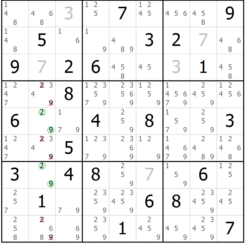 Position des candidats pour la solution de la Gr 84 page 87 du magazine de sudoku Suprême n° 034