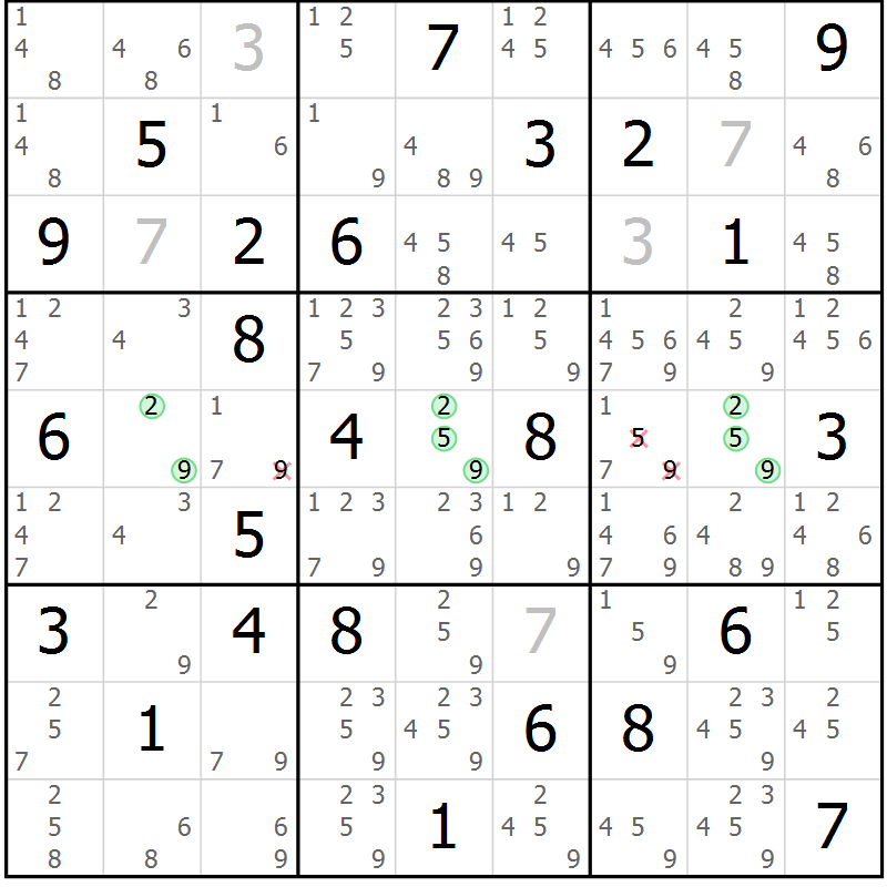 Position des candidats pour la solution de la Gr 84 page 87 du magazine de sudoku Suprême n° 034