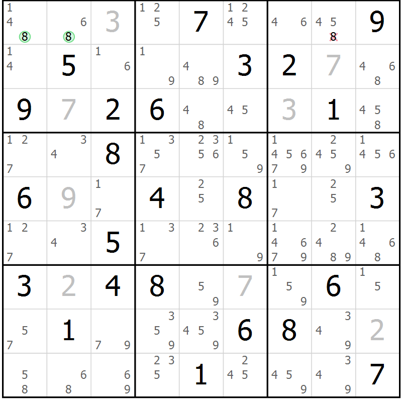 Position des candidats pour la solution de la Gr 84 page 87 du magazine de sudoku Suprême n° 034