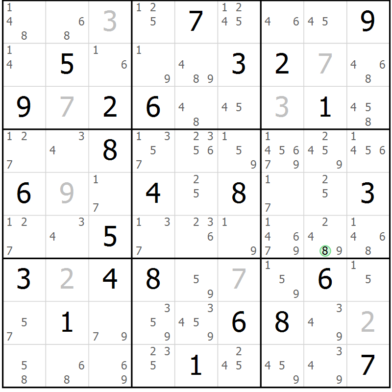 Position des candidats pour la solution de la Gr 84 page 87 du magazine de sudoku Suprême n° 034