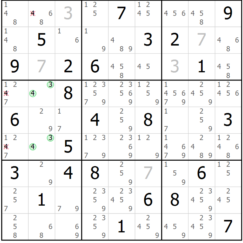 Position des candidats pour la solution de la Gr 84 page 87 du magazine de sudoku Suprême n° 034