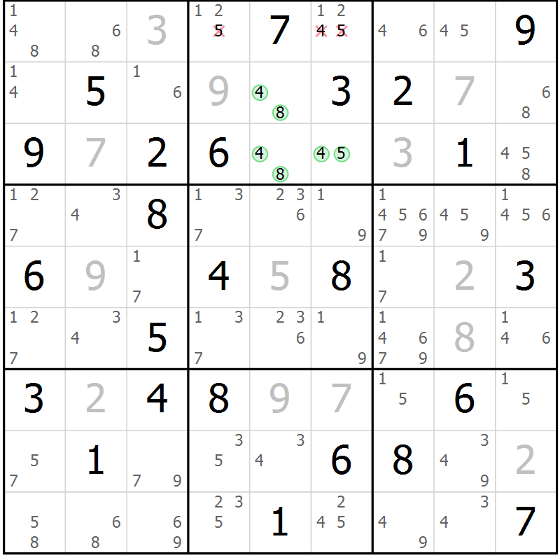 Position des candidats pour la solution de la Gr 84 page 87 du magazine de sudoku Suprême n° 034