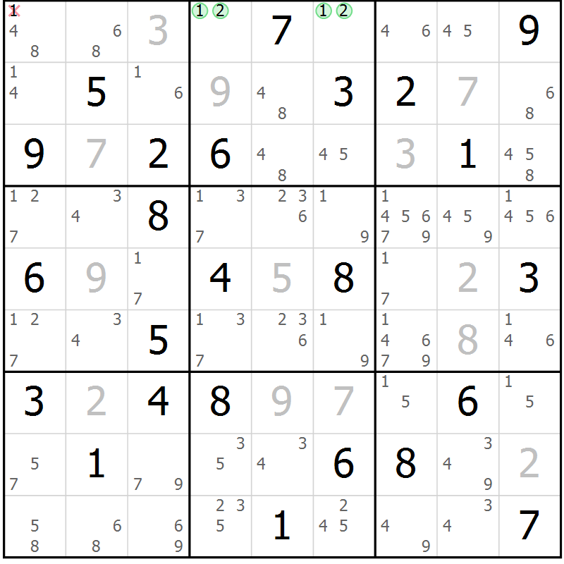 Position des candidats pour la solution de la Gr 84 page 87 du magazine de sudoku Suprême n° 034