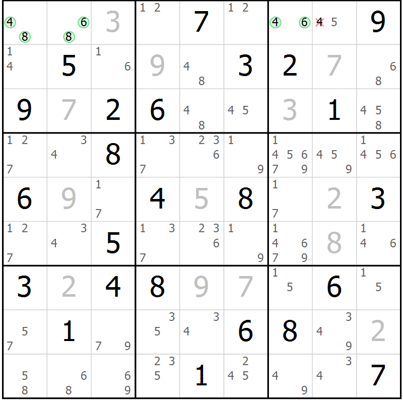 Position des candidats pour la solution de la Gr 84 page 87 du magazine de sudoku Suprême n° 034