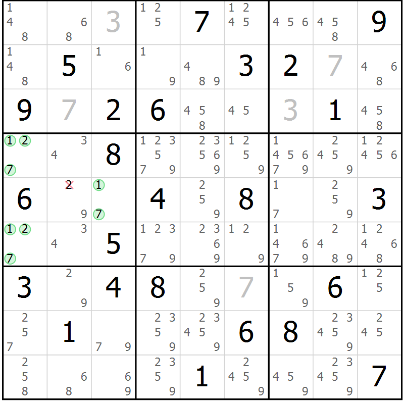 Position des candidats pour la solution de la Gr 84 page 87 du magazine de sudoku Suprême n° 034