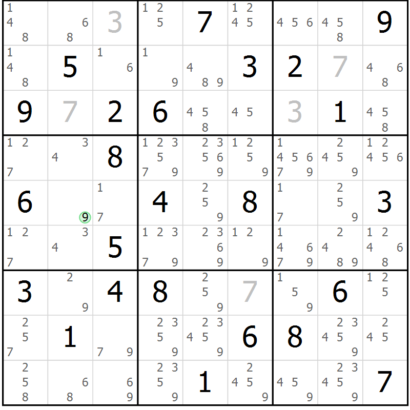 Position des candidats pour la solution de la Gr 84 page 87 du magazine de sudoku Suprême n° 034