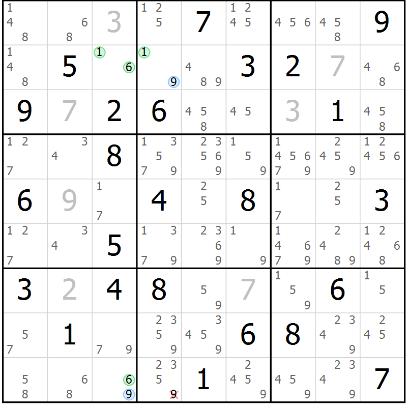 Position des candidats pour la solution de la Gr 84 page 87 du magazine de sudoku Suprême n° 034