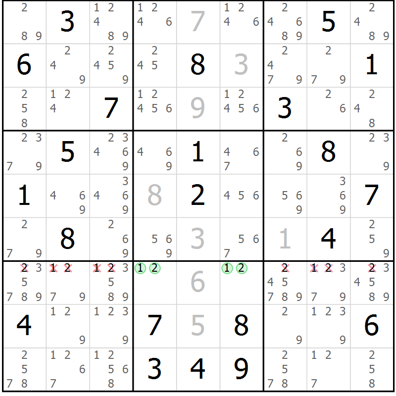 Position des candidats pour la solution de la Gr 9 page 12 du magazine de sudoku Suprême n° 034
