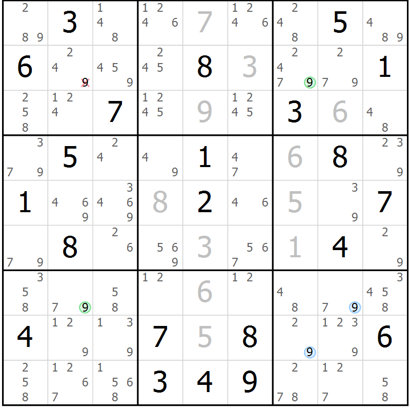 Position des candidats pour la solution de la Gr 9 page 12 du magazine de sudoku Suprême n° 034