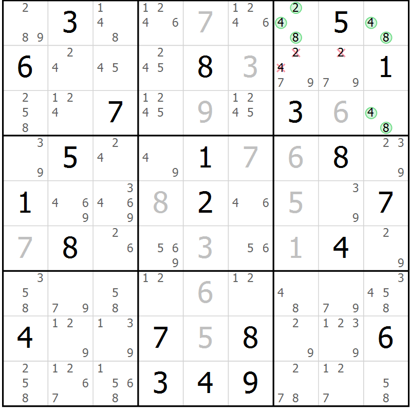 Position des candidats pour la solution de la Gr 9 page 12 du magazine de sudoku Suprême n° 034