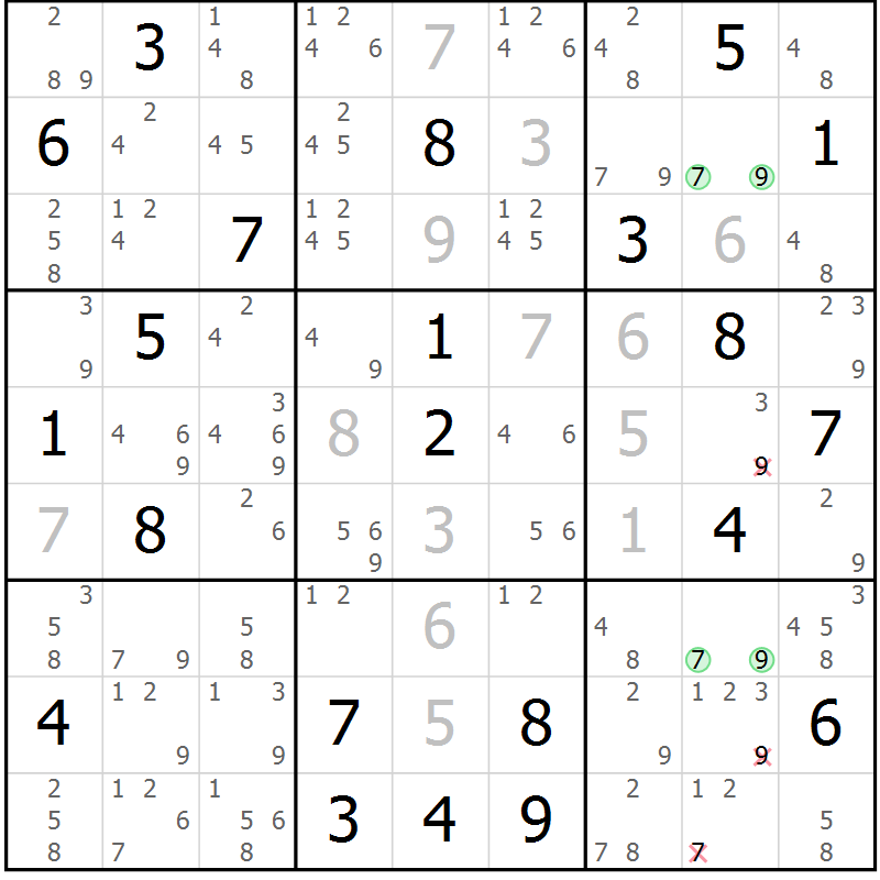 Position des candidats pour la solution de la Gr 9 page 12 du magazine de sudoku Suprême n° 034