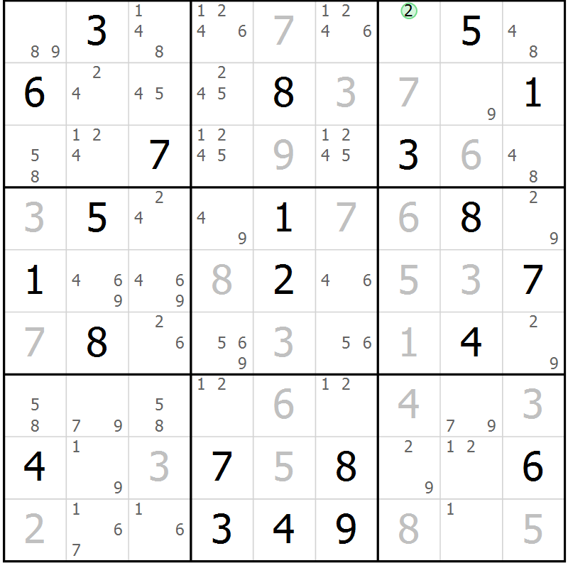 Position des candidats pour la solution de la Gr 9 page 12 du magazine de sudoku Suprême n° 034